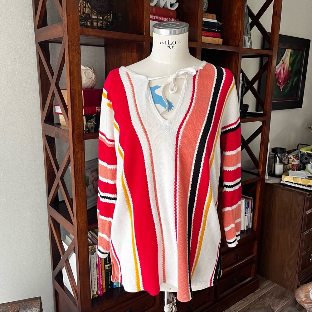 Ann Taylor Loft paseo striped white, red sweater knit top with tie at neck